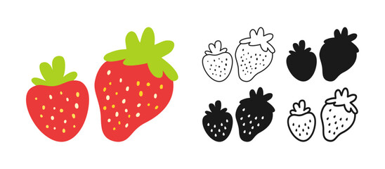 Strawberry symbol cartoon set. Whole ripe strawberry linear doodle icon. Abstract sweet childish hand drawn kawaii berry. Sign graphic stylized silhouette shape berry. Vector simple art illustration