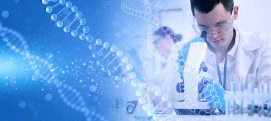 Scientist working with microscope in laboratory and illustrations of DNA, double exposure. Research...