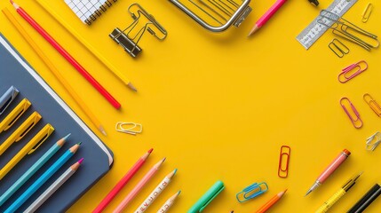 A flat lay of various stationery items on a yellow background, including pencils, pens, paper clips, a ruler, a binder clip, and a small notebook.