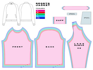 garment sewing sports jacket pattern, urban clothes pattern. different sizes, hoodie pattern