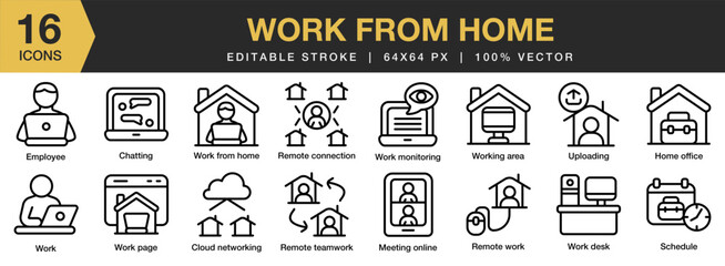 Work From Home icon set. Editable Stroke Icon Collection. Includes chatting, cloud networking, employee, home office, meeting, remote connection, and More. Outline icons vector collection.