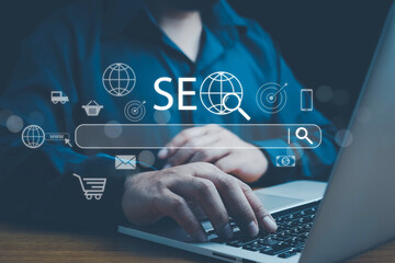 SEO Search Engine, Businessman use laptop to analyze SEO search engine optimization for promoting ranking traffic on website and optimizing your website to rank in search engines. digital marketing.