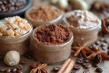 Homemade coffee scrub in a white jar with face and body spa care ingredients for effective skincare