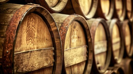 Close-up of stacked wooden barrels, showcasing the intricate grain patterns and aged texture of the wood.