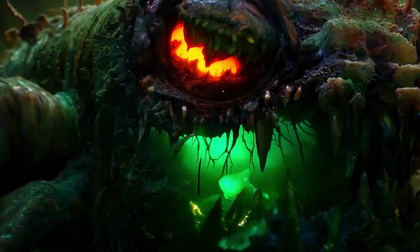 Terrifying Alien Creature with Glowing Eyes in Forest with ai generated.
