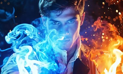 Man conjuring fire and ice with intense focus with ai generated.
