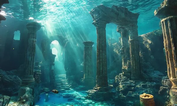 Sunlit underwater ancient ruins with pillars with ai generated.
