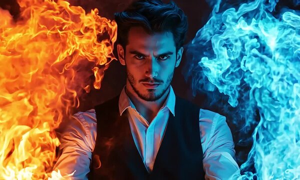 Man with magical fire and ice powers with ai generated.
