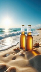 two bottle of beers on the sand , view of the beach