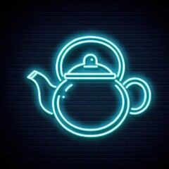 Obraz premium kettle icon in blue neon sign isolated on black background