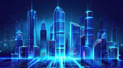 Digital Cityscape with Glowing Skyscrapers