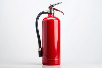 Obraz premium A red fire extinguisher with a shiny metal body and black nozzle stands upright on a white background, emphasizing fire safety and emergency preparedness.