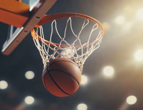 A close up shot of a basketball going through the net of a hoop in a clean fashion on the spotlight, sports photography, professional shot, with decent lighting