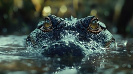 A close-up of a crocodile emerging from the water, its eyes and nostrils just above the surface, with a murky swamp background.