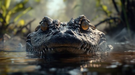 Obraz premium A close-up of a crocodile emerging from the water, its eyes and nostrils just above the surface, with a murky swamp background.