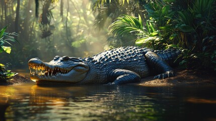 A crocodile basking in the sun on a riverbank, with its mouth slightly open and sharp teeth visible, surrounded by lush greenery.