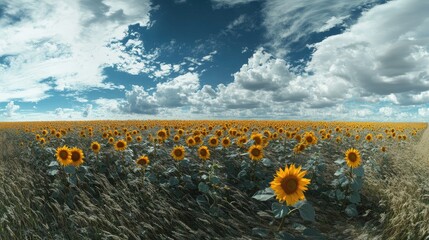 Fototapeta premium A panoramic view of a sunflower field on a windy day, with the flowers swaying in unison and the clouds moving swiftly across the sky.