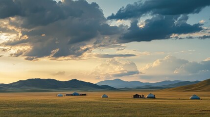 Obraz premium A wide landscape of Mongolia vast steppe, with nomadic yurts scattered across the plains and distant mountains under a dramatic sky.