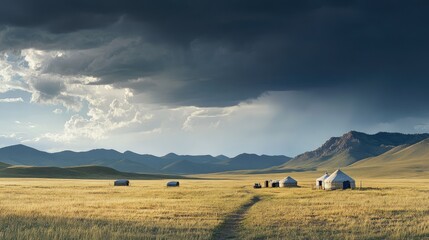 Obraz premium A wide landscape of Mongolia vast steppe, with nomadic yurts scattered across the plains and distant mountains under a dramatic sky.