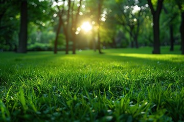 Sunlight Through Green Grass in a Forest