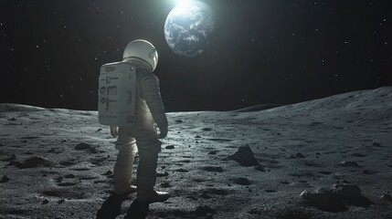 Obraz premium An astronaut standing on the moon surface, with Earth visible in the distant sky and the lunar landscape bathed in soft sunlight.