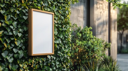 Blank rectangular store signage design mockup isolated, wood wall-mounted cafe on blossoming season