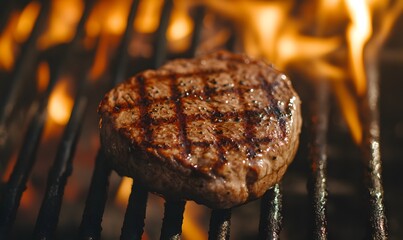 Delicious beef steak being grilled over a fire, Generative AI