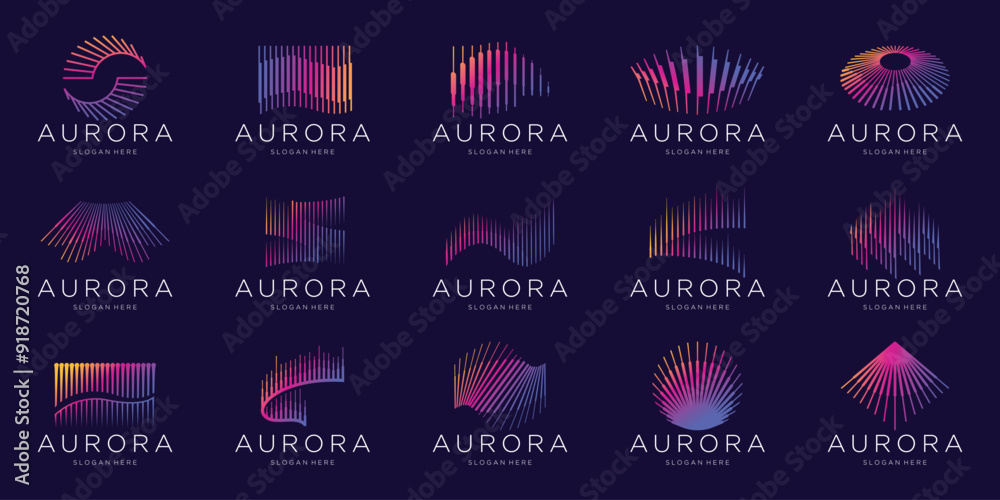 Wall mural set of minimalist aurora logo big bundle with gradient modern color branding on dark background.
