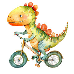 Cute watercolor illustration of a dinosaur riding a bicycle. Perfect for children's books, playful decor, and educational material.