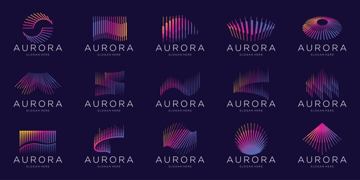 set of minimalist aurora logo big bundle with gradient modern color branding on dark background. - Powered by Adobe