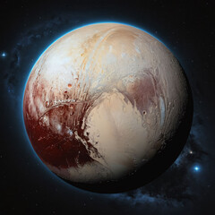 Naklejka premium Planet Pluto in the dark Starry Sky of Solar System in Space. 3D render of pluto planet