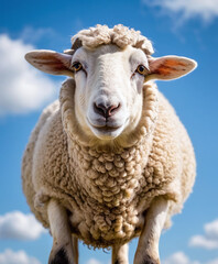 Obraz premium A cute delightful white fluffy sheep gazing directly looking at the camera with gentle, soulful eyes, set against the backdrop of a blue sky.