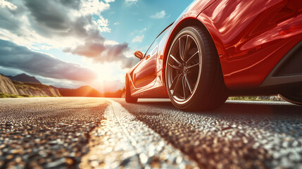 low angle view of a modern red car on road
