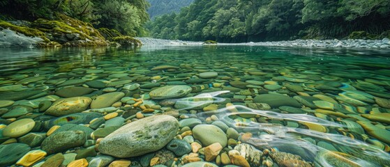 Fototapeta premium A pristine river with transparent water revealing the pebbles and stones beneath, framed by a lush, green landscape 