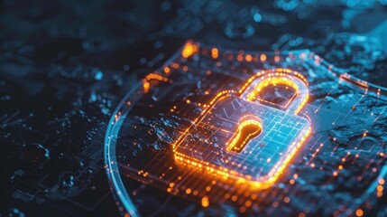 Cyber Security: Digital Padlock Glowing on Circuitry