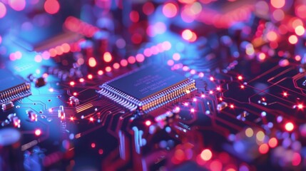 Close-Up of a Circuit Board with Glowing Red and Blue Lights