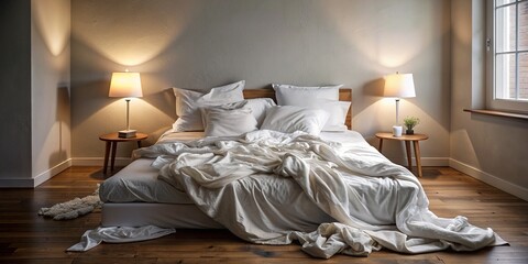 Unmade bed with rumpled white sheets and pillows strewn about, suggesting a restless night's sleep or a hurried morning departure, in a neutral-colored room.