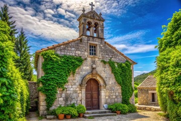 Naklejka premium Rustic stone facade of a historic Catholic church in rural Croatia, featuring a worn bell tower and ornate entrance doorway surrounded by lush greenery.