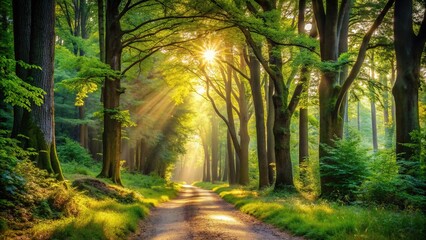 Fototapeta premium Serene winding dirt path surrounded by lush greenery and towering trees, dappled with sunlight, invites exploration in a tranquil forest landscape.