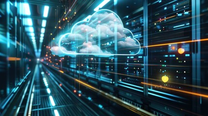 Server Room with Cloud Icon and Data Flow
