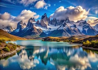 Naklejka premium Majestic snow-capped mountains tower above serene glacial lakes and rivers in Chile's stunning Torres del Paine National Park during winter's peaceful silence.