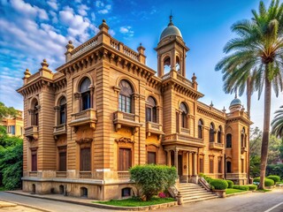 Obraz premium Historic faculty building of Ain Shams University's prestigious Al Alsun languages department in Cairo, Egypt, renowned for translation studies and foreign language education.