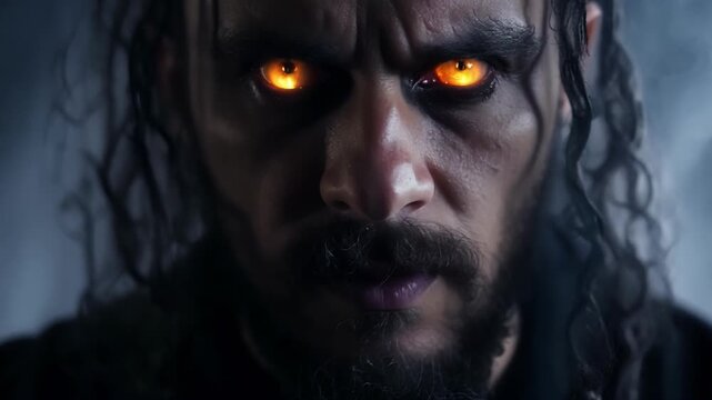 A closeup of a sinister warlock his face twisted with dark magic and his eyes burning with an otherworldly light.