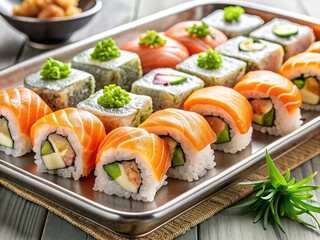 Freshly prepared sushi rolls with salmon or fish, cucumber, and rice, neatly arranged on a stainless steel tray, perfect for Japanese cuisine enthusiasts.