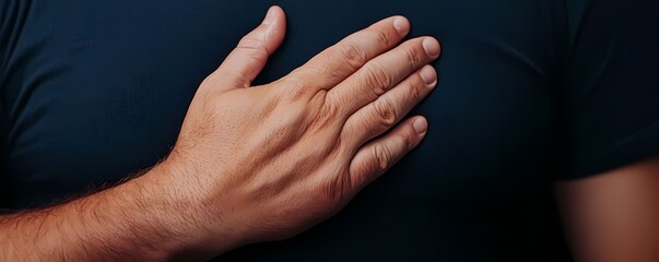 A close-up of a hand placed on the heart, symbolizing sincerity, compassion, and emotional connection in a heartfelt gesture.