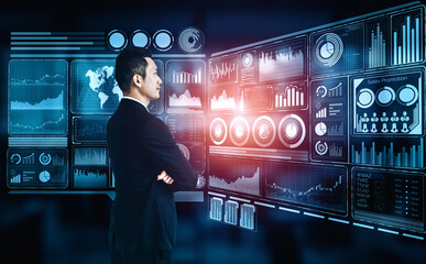 Big Data Technology for Business Finance Analytic Concept. Modern interface shows massive information of business sale report, profit chart and stock market trends analysis on screen monitor. uds