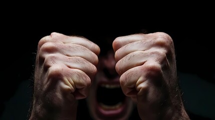 A close-up of clenched fists expressing frustration and anger against a dark background, capturing raw human emotion.