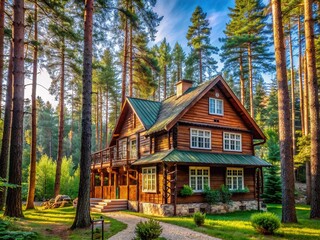 Historic wooden dacha surrounded by tall pine trees, built in the 1920s, exudes rustic charm and Soviet-era nostalgia in a serene forest setting.