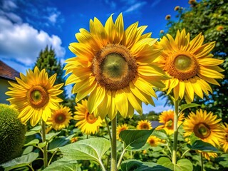 Obraz premium Vibrant yellow sunflowers stand tall in the backyard, their mature crowns slowly shedding petals, surrounded by lush green foliage under a bright blue sky.