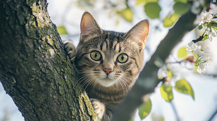 A cute white kitten with green eyes sitting on a tree branch, surrounded by nature and grass